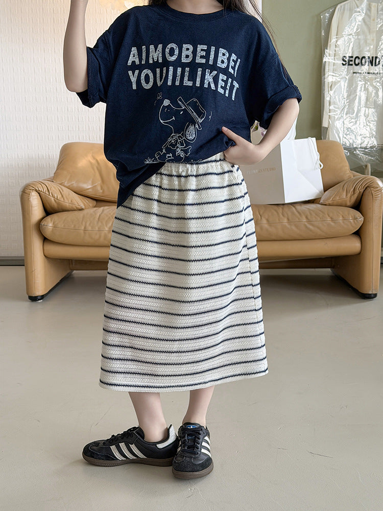 【100-170cm】韓版休閒中長款條紋裙