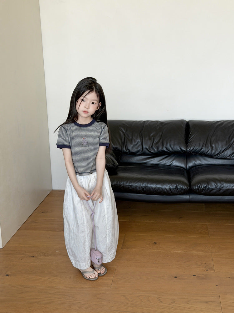 【100-170cm】休閒撞色復古條紋卡通T | 白色休閒褲