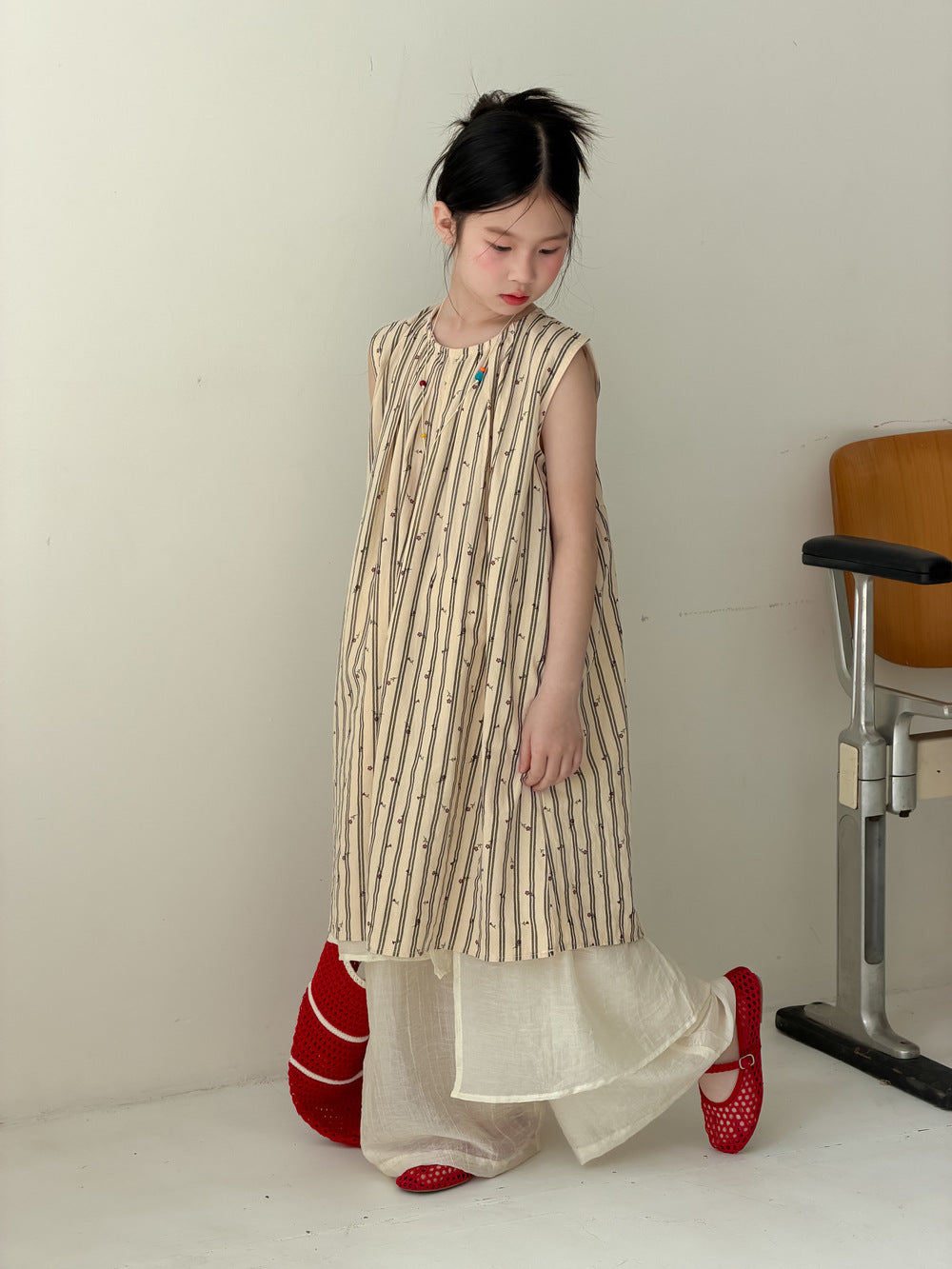 【100-160cm】韓版豎條紋小花背心裙