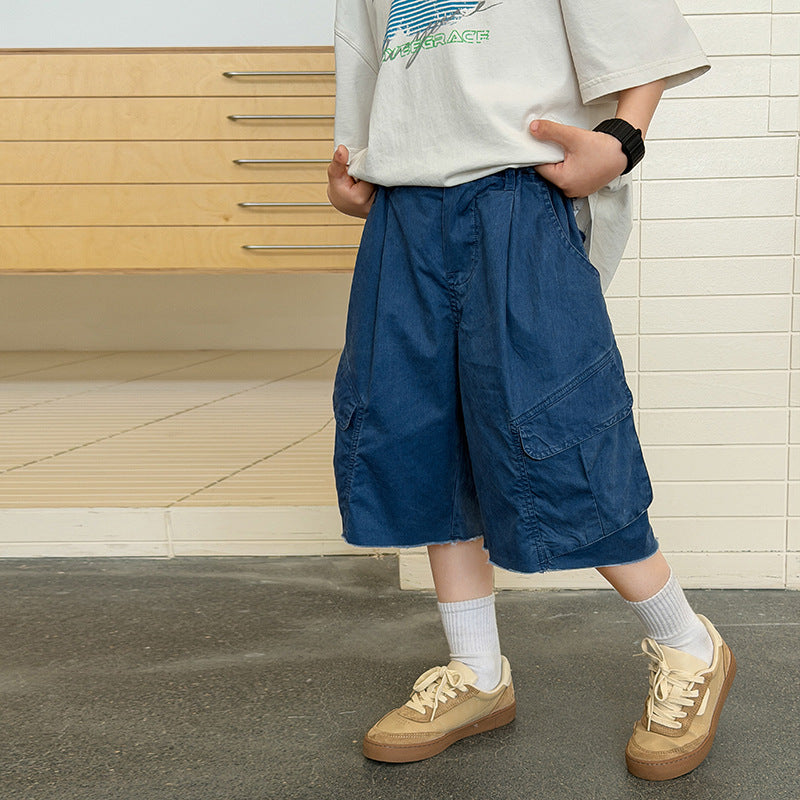 【100-170cm】砂洗全棉個性毛邊牛仔五分褲
