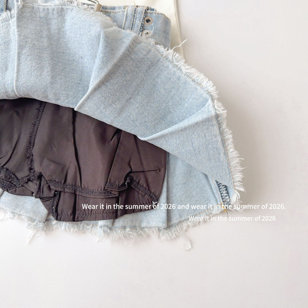 【90-150cm】荷葉邊鬆緊高腰牛仔百褶裙