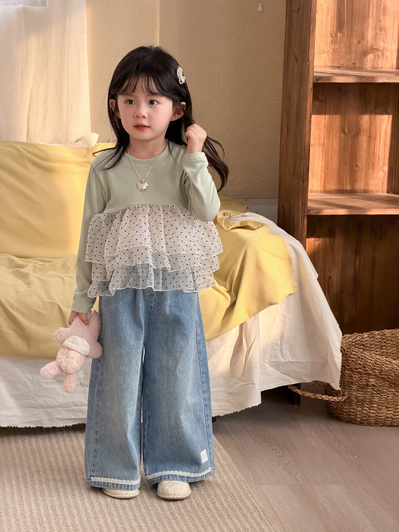 【90-140cm】(2色)波點網紗拼接公主蓬蓬裙上衣