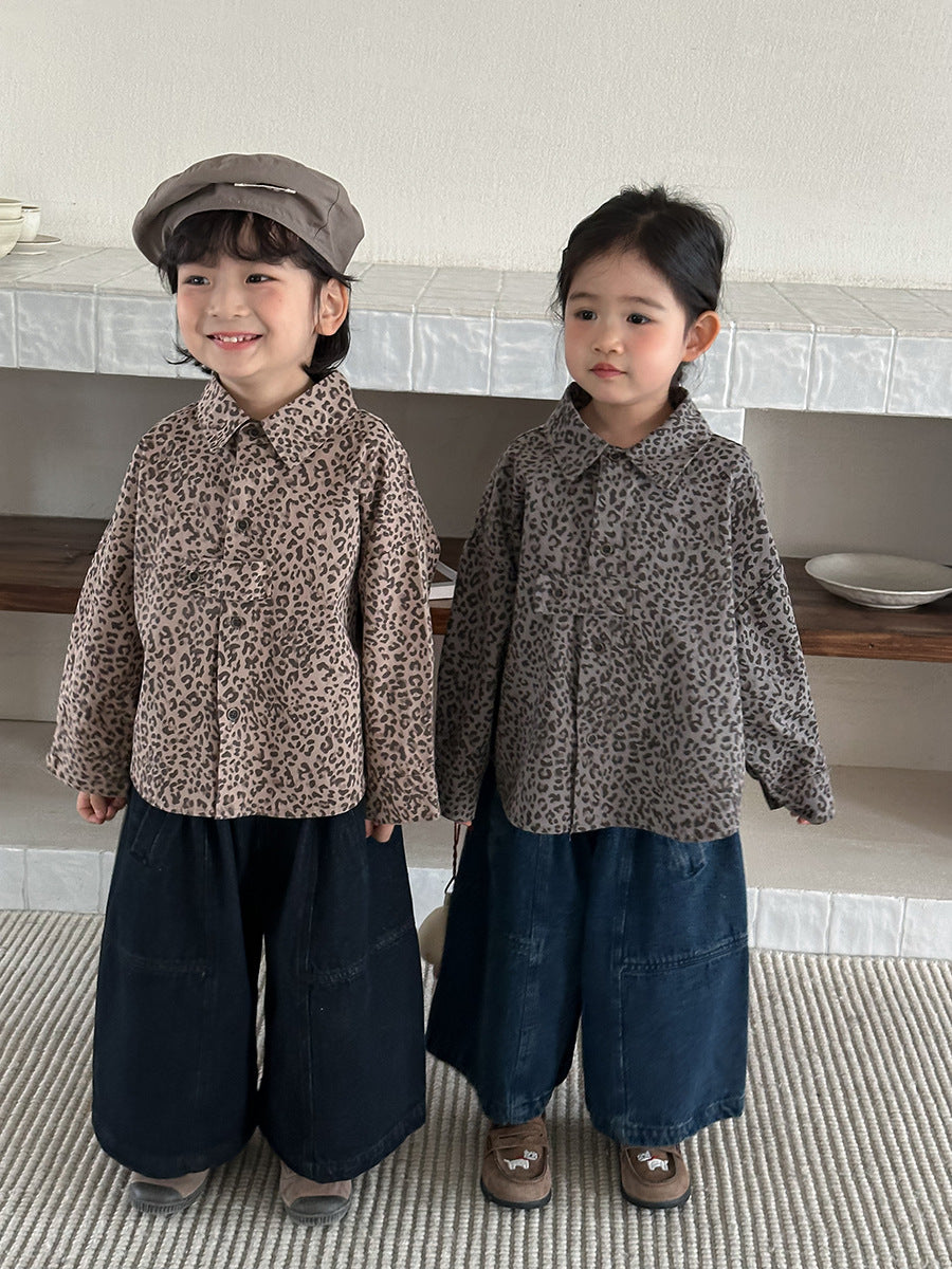 【80-140cm】復古港風豹紋襯衫