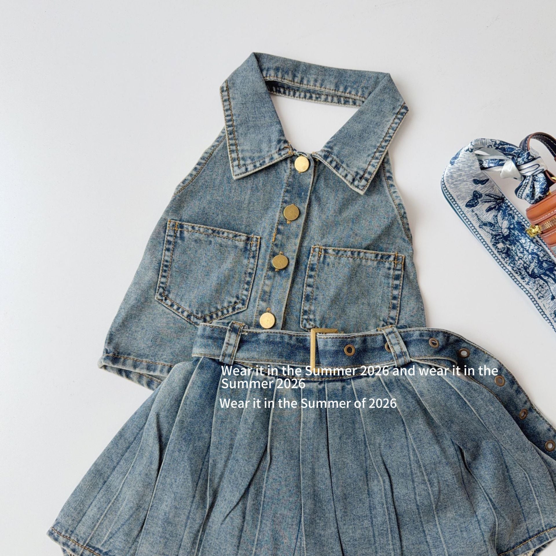 【90-150cm】辣妹露背牛仔百褶裙套裝(附腰帶)