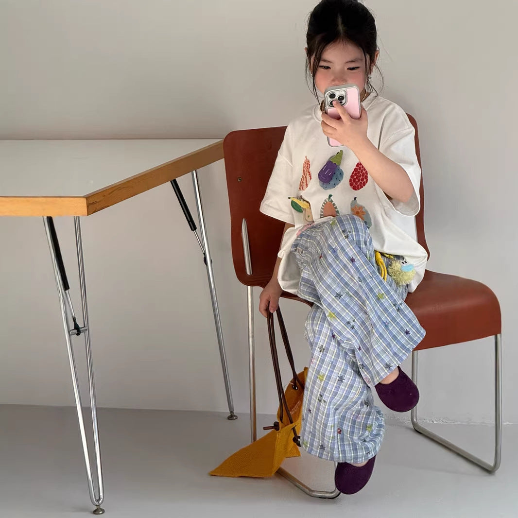 【120-160cm】星星格子寬鬆直筒褲