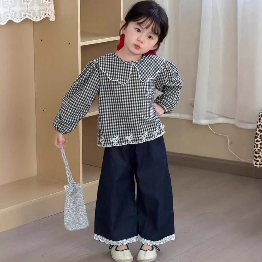 【90-140cm】重工刺繡格子襯衫