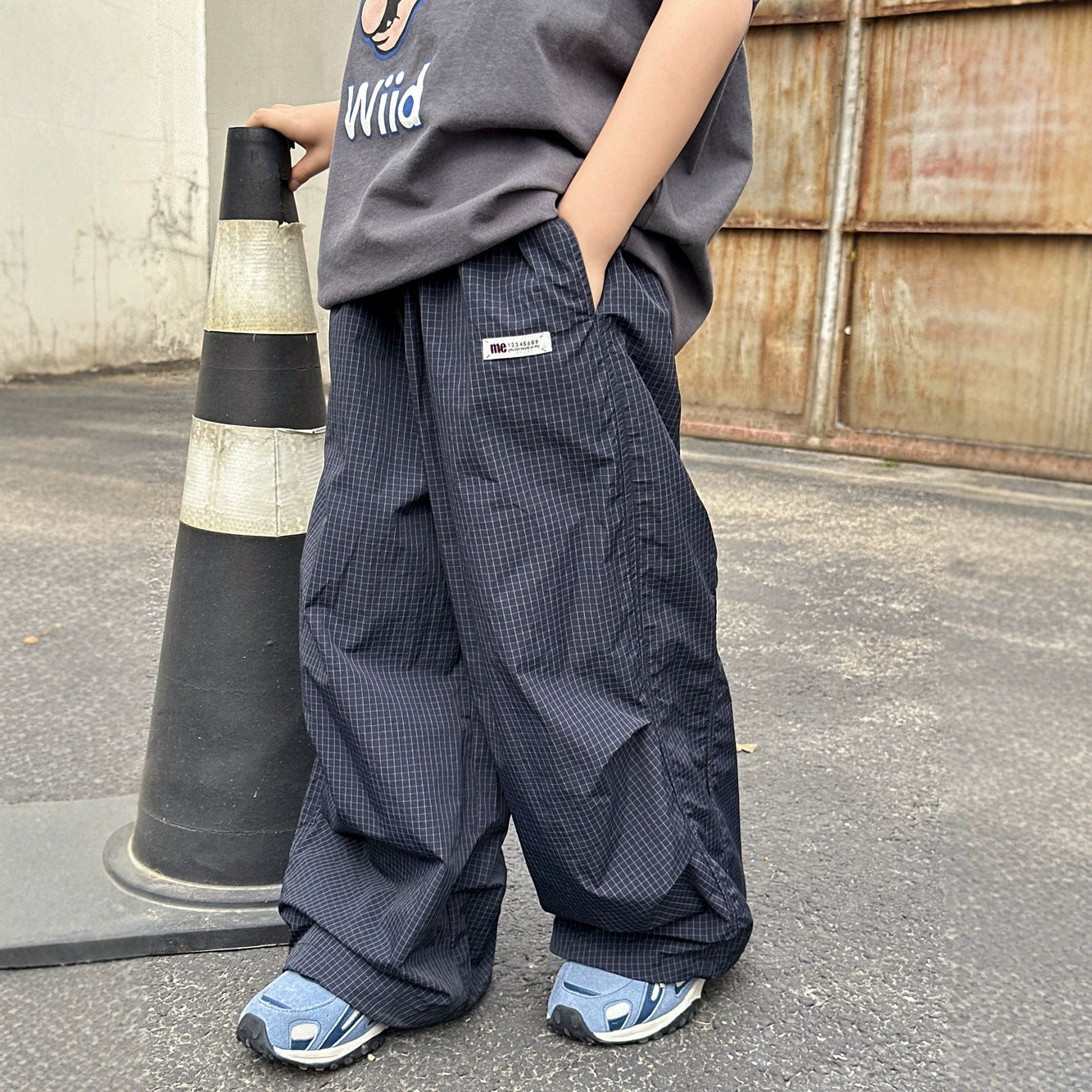 【100-160cm】小格子速乾休閒褲