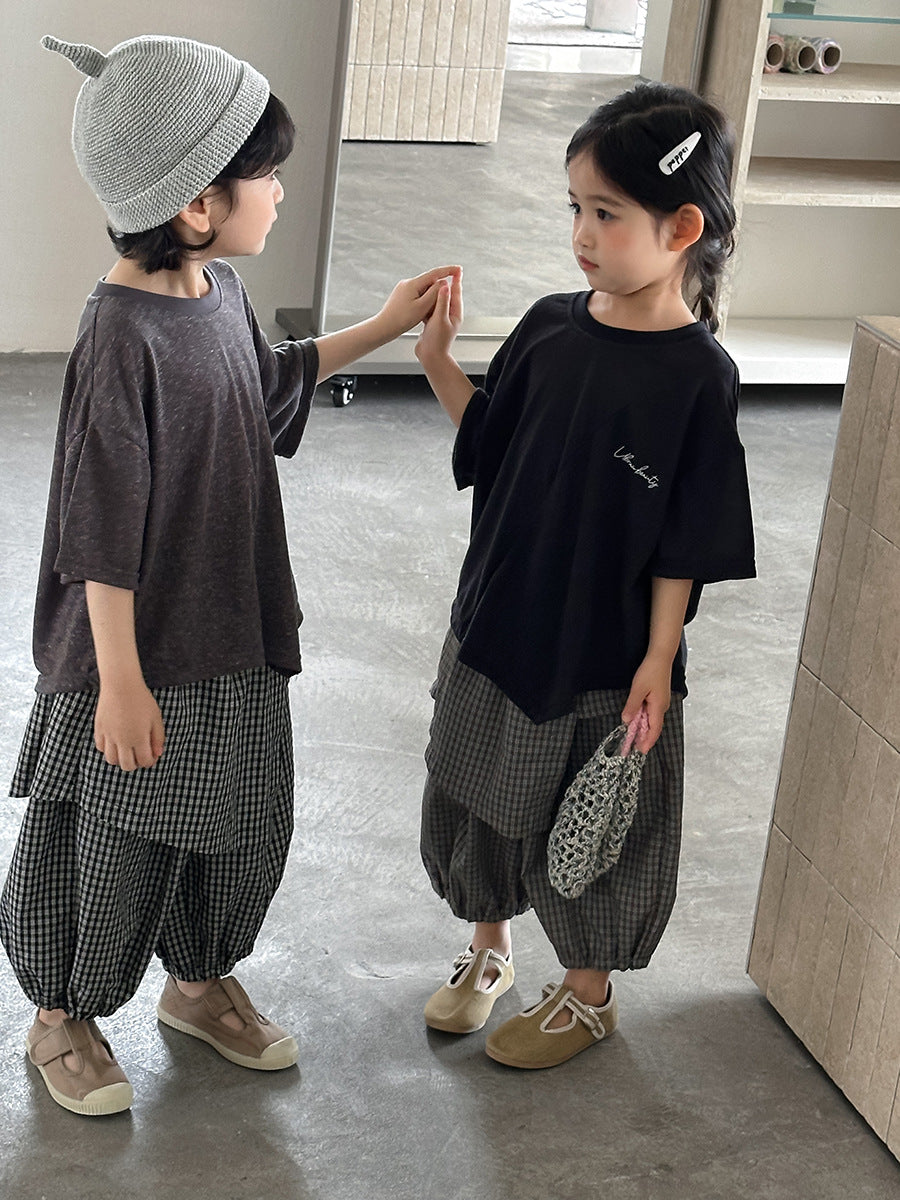 【80-140cm】棉麻不規則字母半袖T