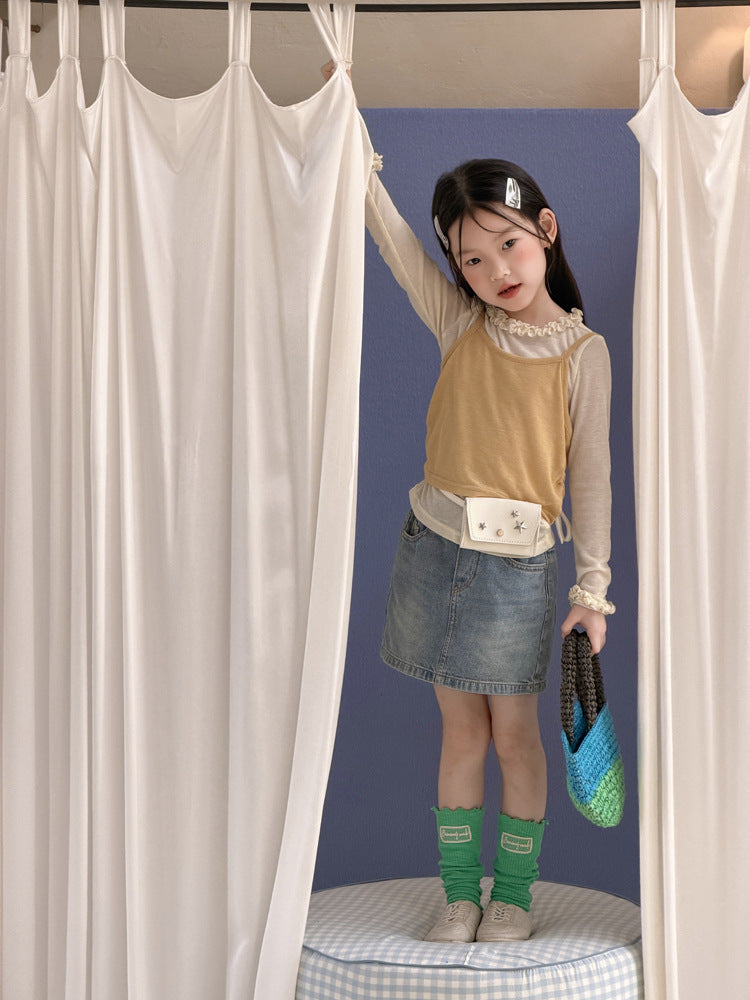 【100-170cm】法式花邊疊穿吊帶上衣兩件套