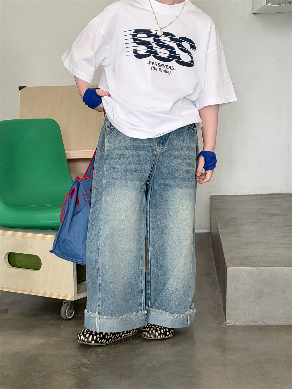 【90-150cm】韓版直筒捲邊牛仔褲