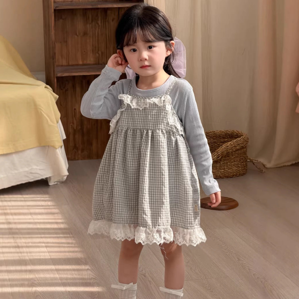 【90-140cm】花邊格子洋裝吊帶裙