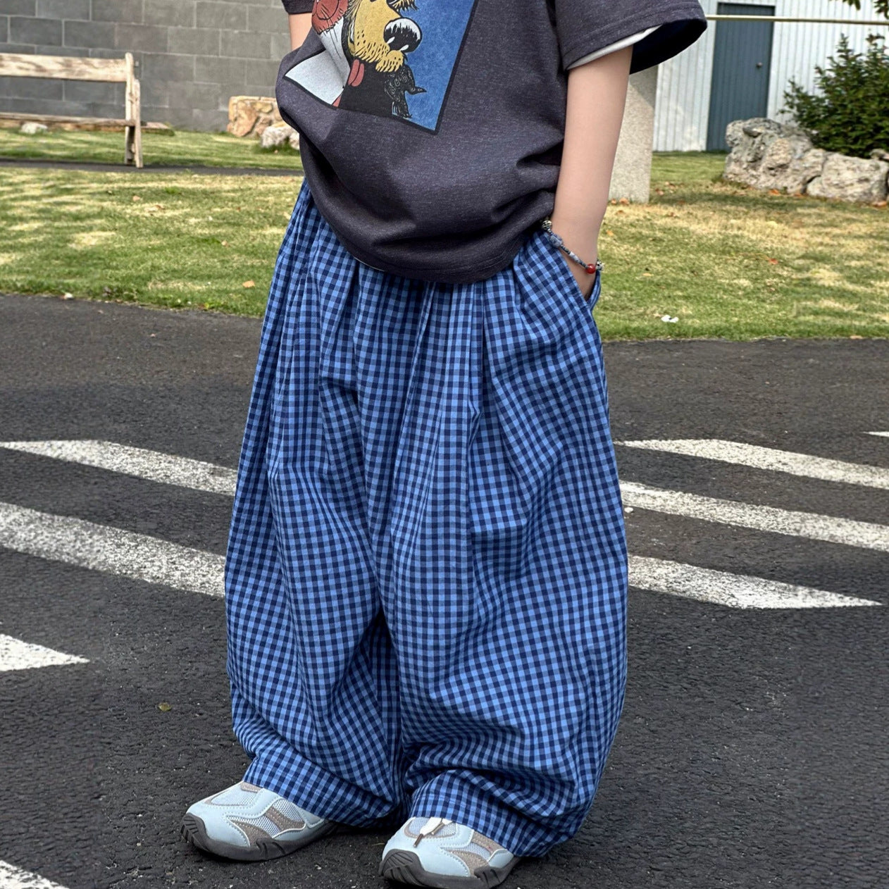 【100-160cm】藍格子寬鬆九分蘿蔔褲