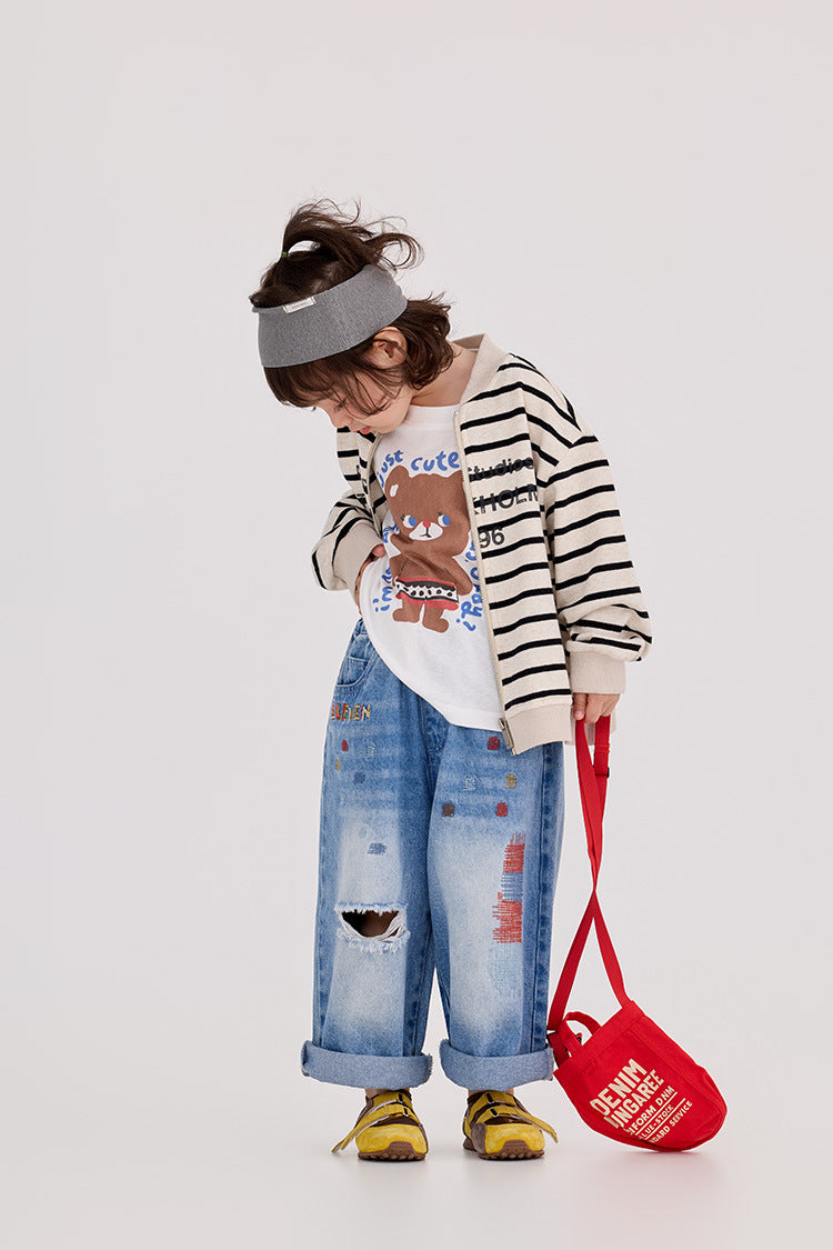 【90-150cm】迷彩條紋字母針織棒球外套