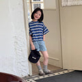 【120-160cm】韓版藍白條紋寬鬆T