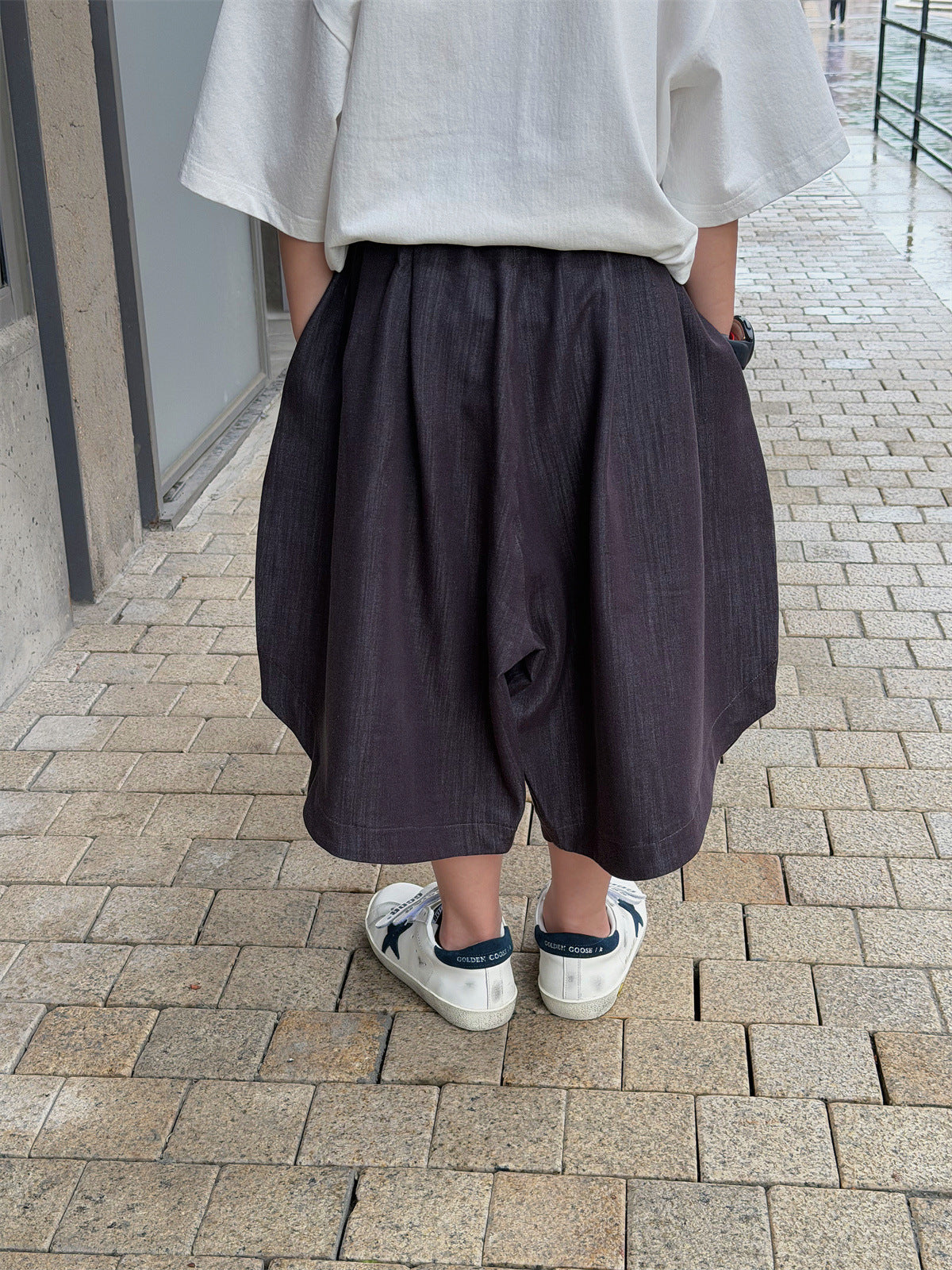 【100-160cm】寬鬆休閒彎刀五分褲