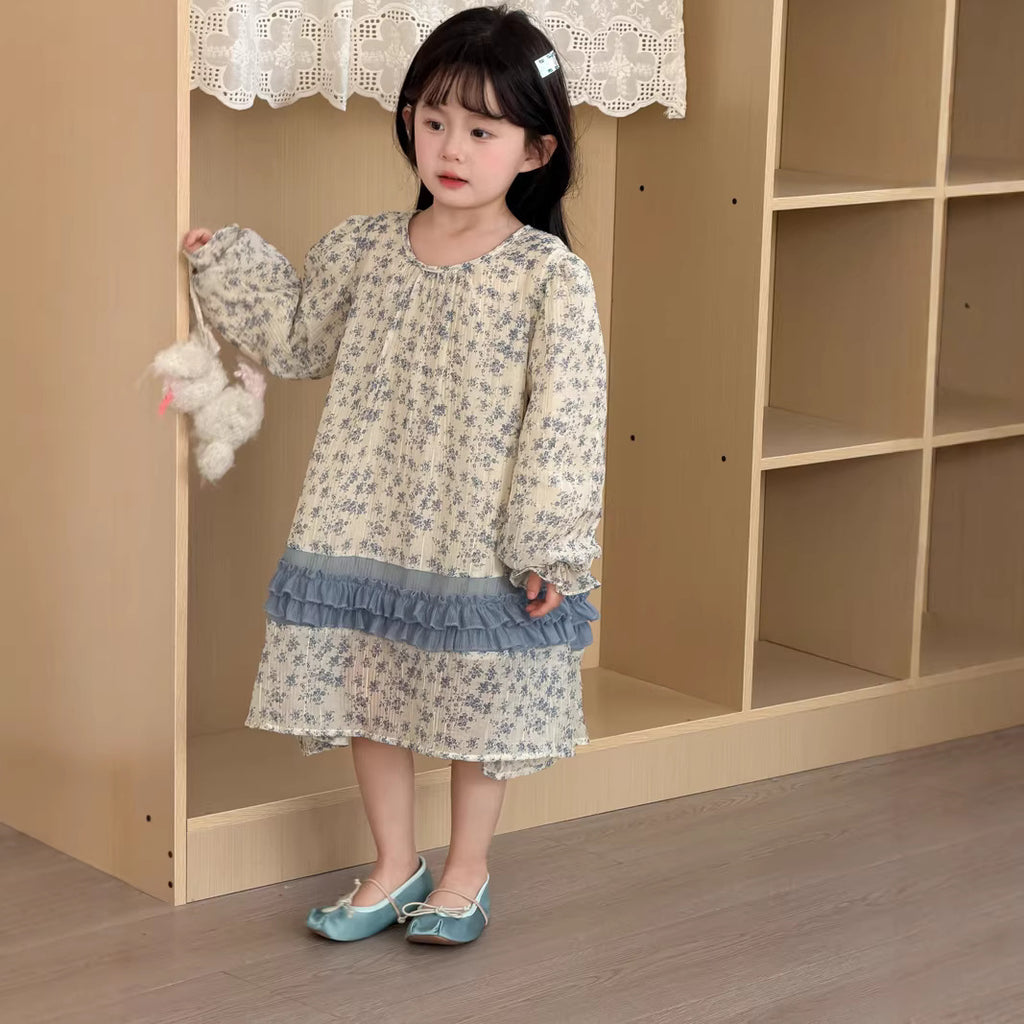 【90-140cm】雪紡碎花連身裙 | 小清新拼條公主連身裙