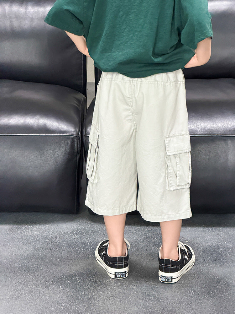 【100-170cm】3色~水洗棉寬鬆工裝五分褲