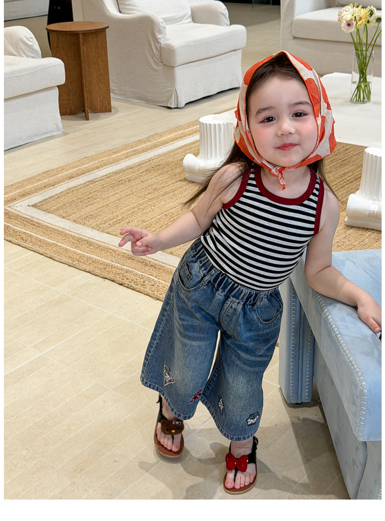 【80-140cm】撞色條紋背心 | 卡通刺繡牛仔七分褲