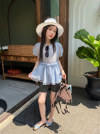 【100-160cm】條紋假兩件打底褲