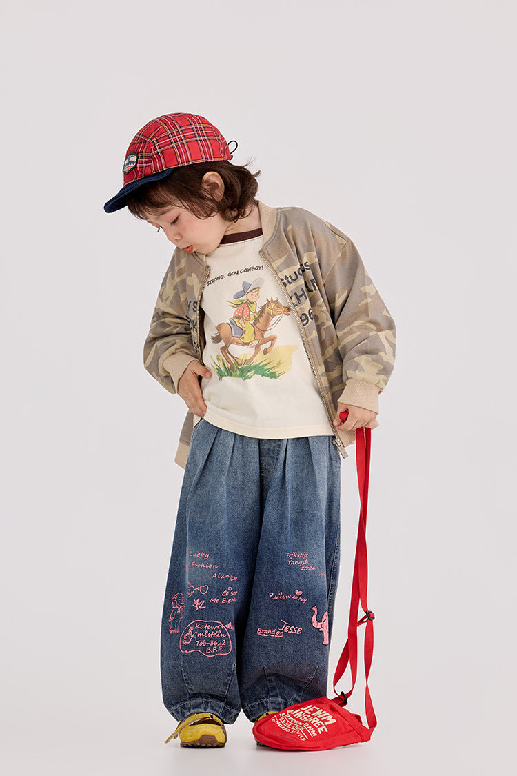 【90-150cm】迷彩條紋字母針織棒球外套