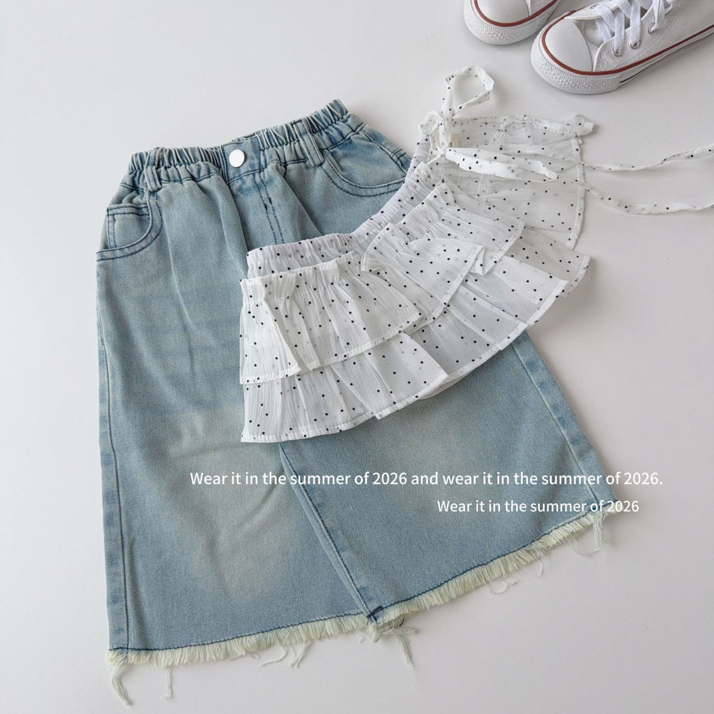 【90-150cm】韓版休閒牛仔褲(附波點屁簾)