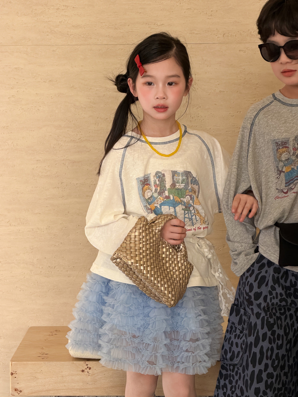 【100-160cm】卡通字母印花圓領長袖T