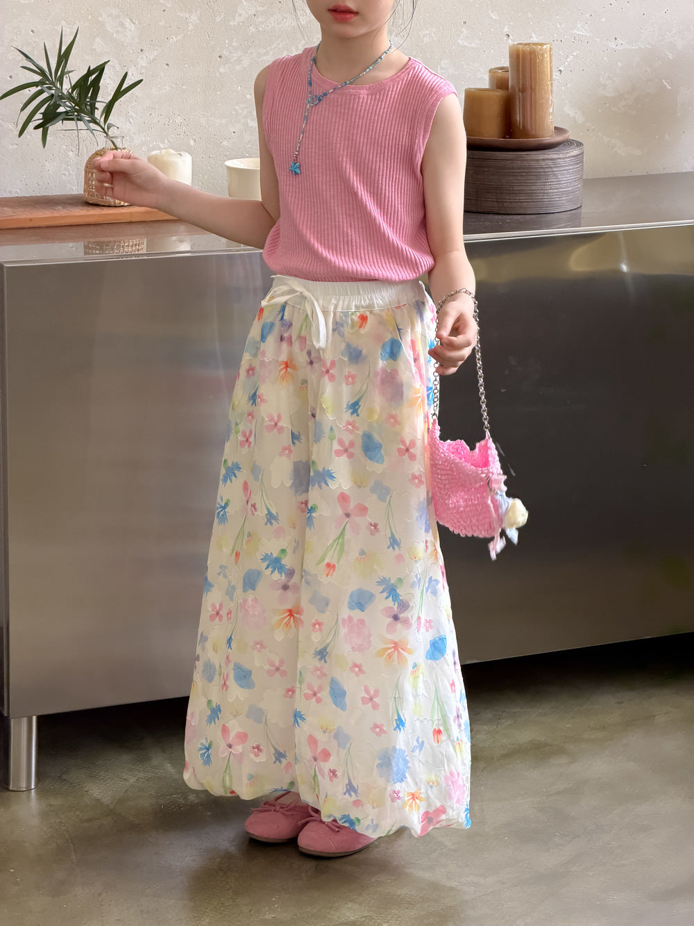 【100-160cm】韓版滿印花朵休閒褲