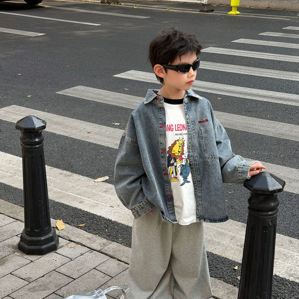 【90-160cm】韓版帥氣休閒寬鬆牛仔襯衫