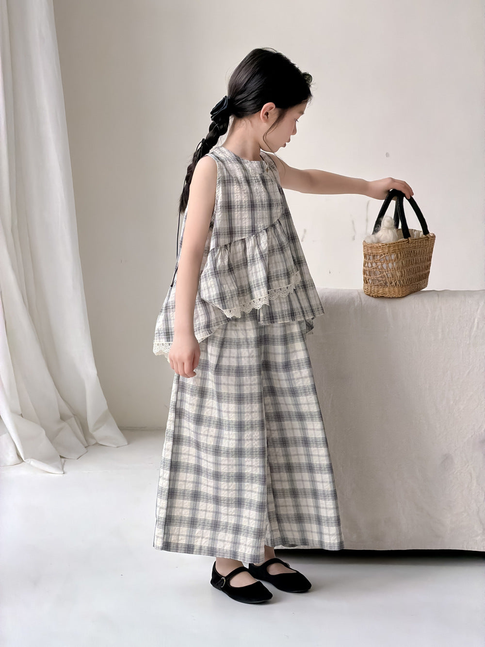 【100-160cm】韓版花邊格紋寬褲套裝