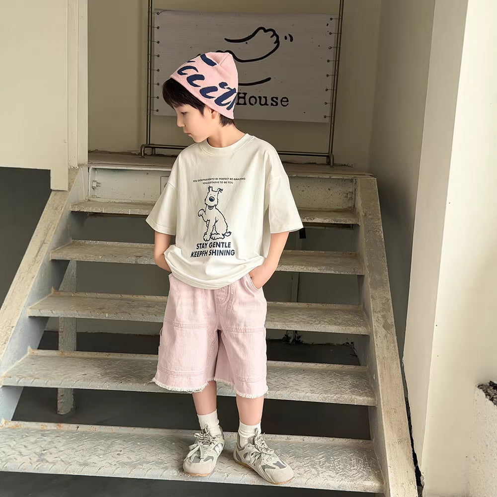 【100-170cm】砂洗毛邊明線牛仔五分褲