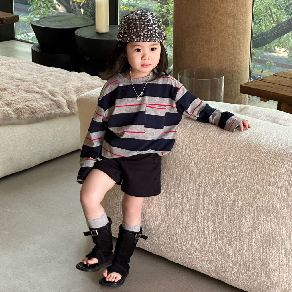 【90-140cm】條紋T | 黑色短褲