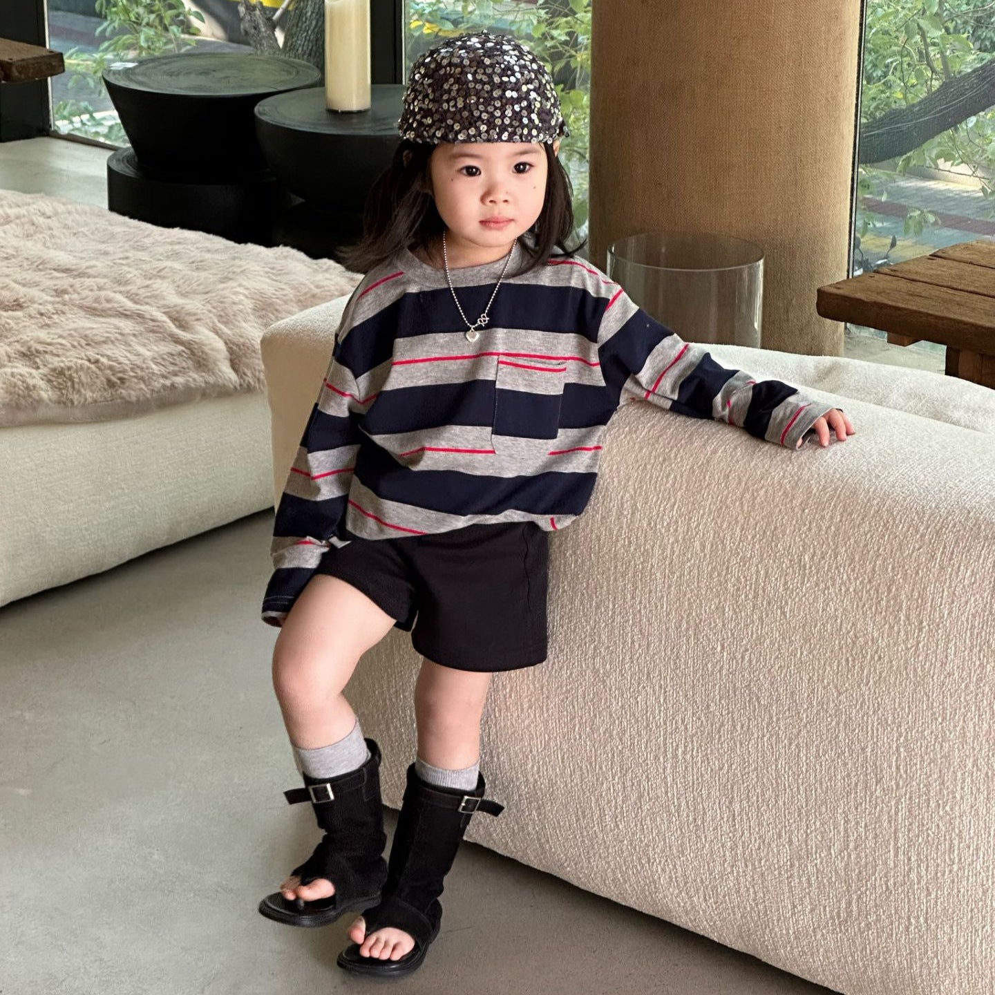 【90-140cm】條紋T | 黑色短褲