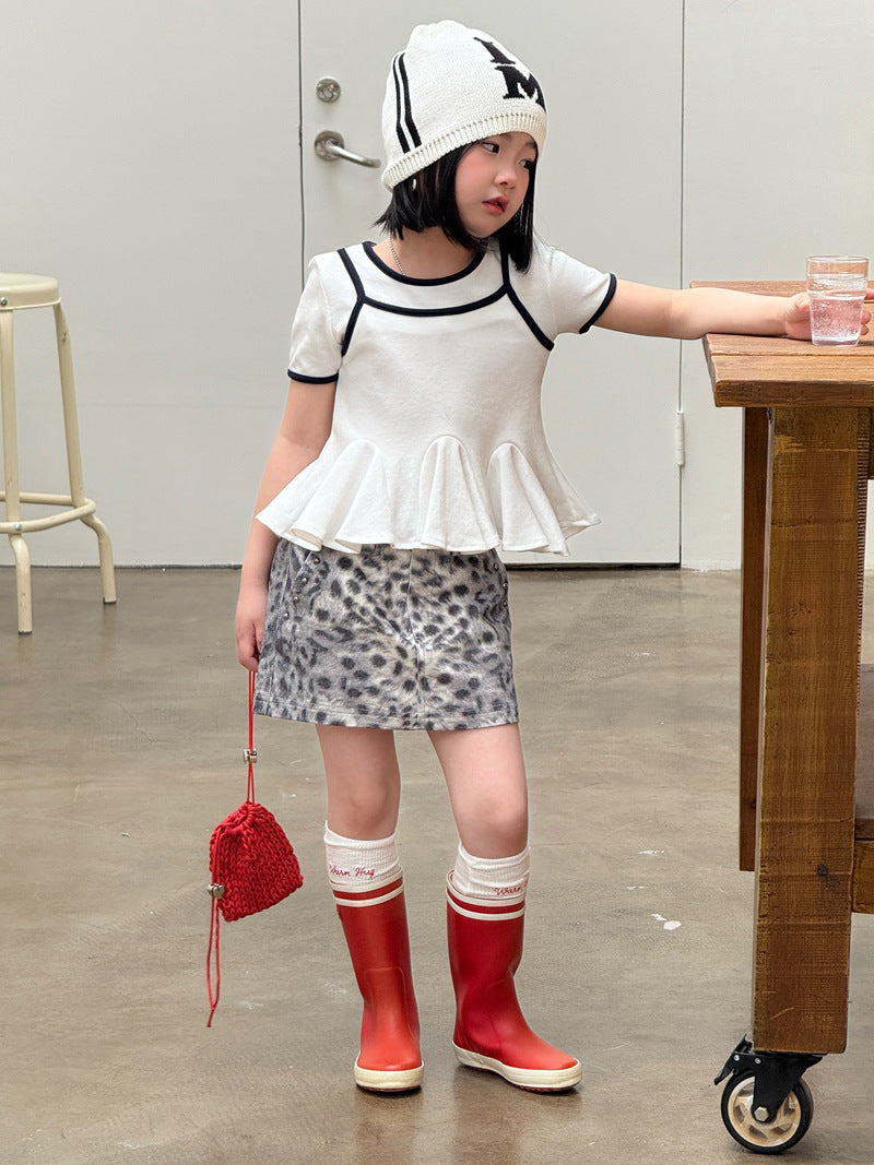 【120-160cm】韓版撞色假兩件上衣