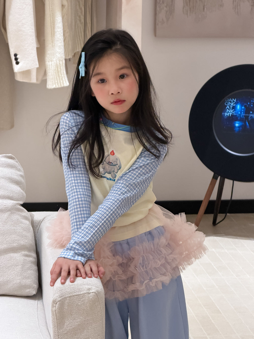 【100-160cm】卡通字母格子拼袖上衣