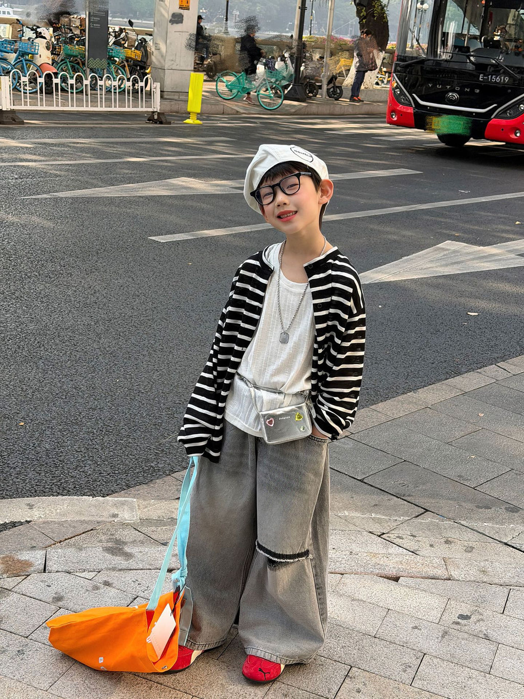 【90-160cm】韓版休閒針織防曬條紋開襟外套