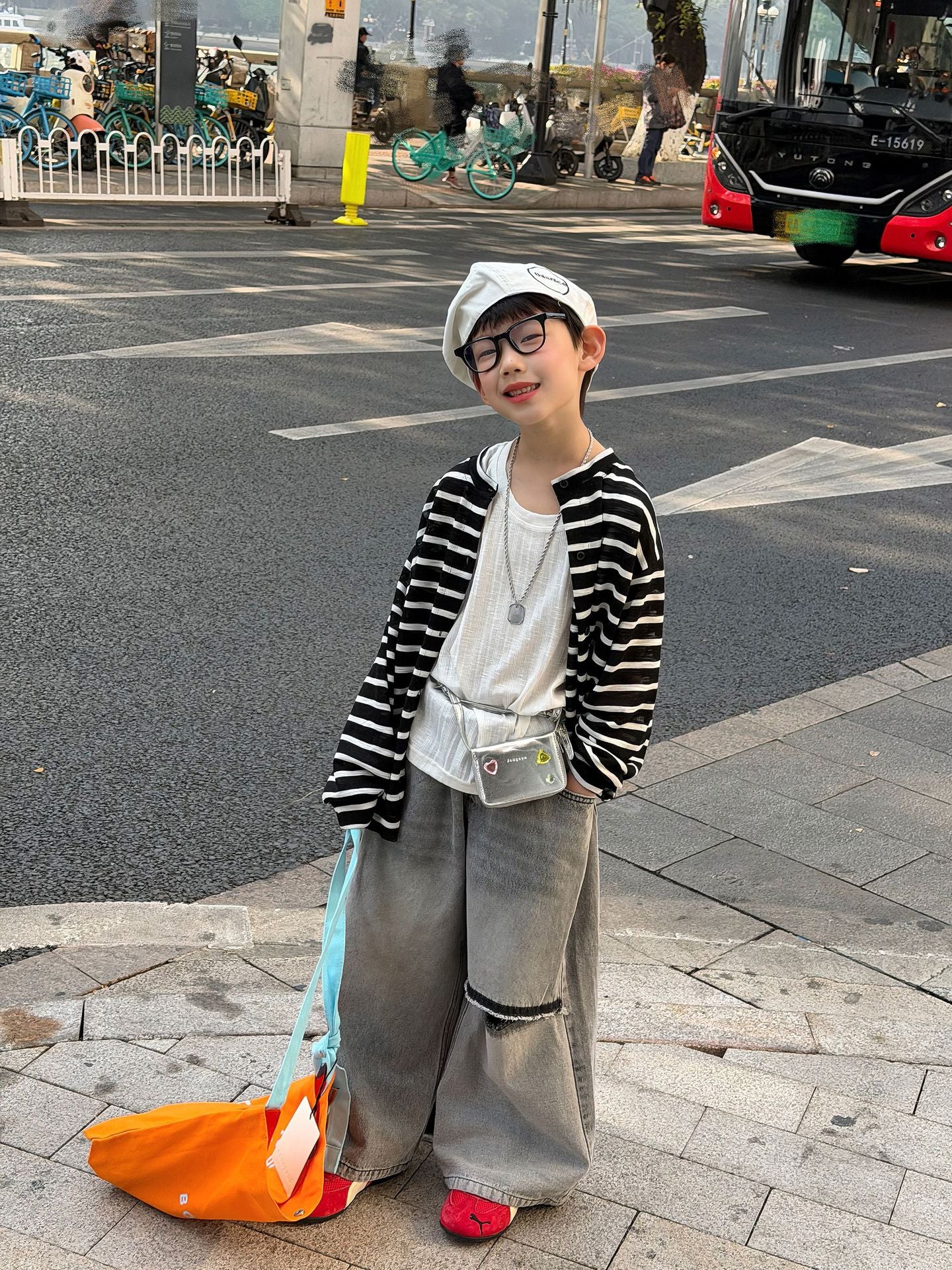 【90-160cm】韓版休閒針織防曬條紋開襟外套