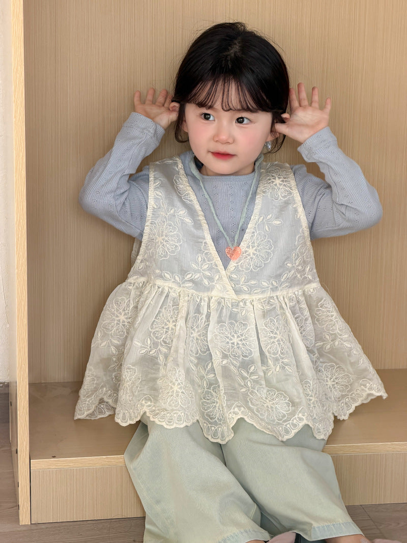 【90-140cm】韓版蕾絲網紗背心針織打底衫背心裙罩衫