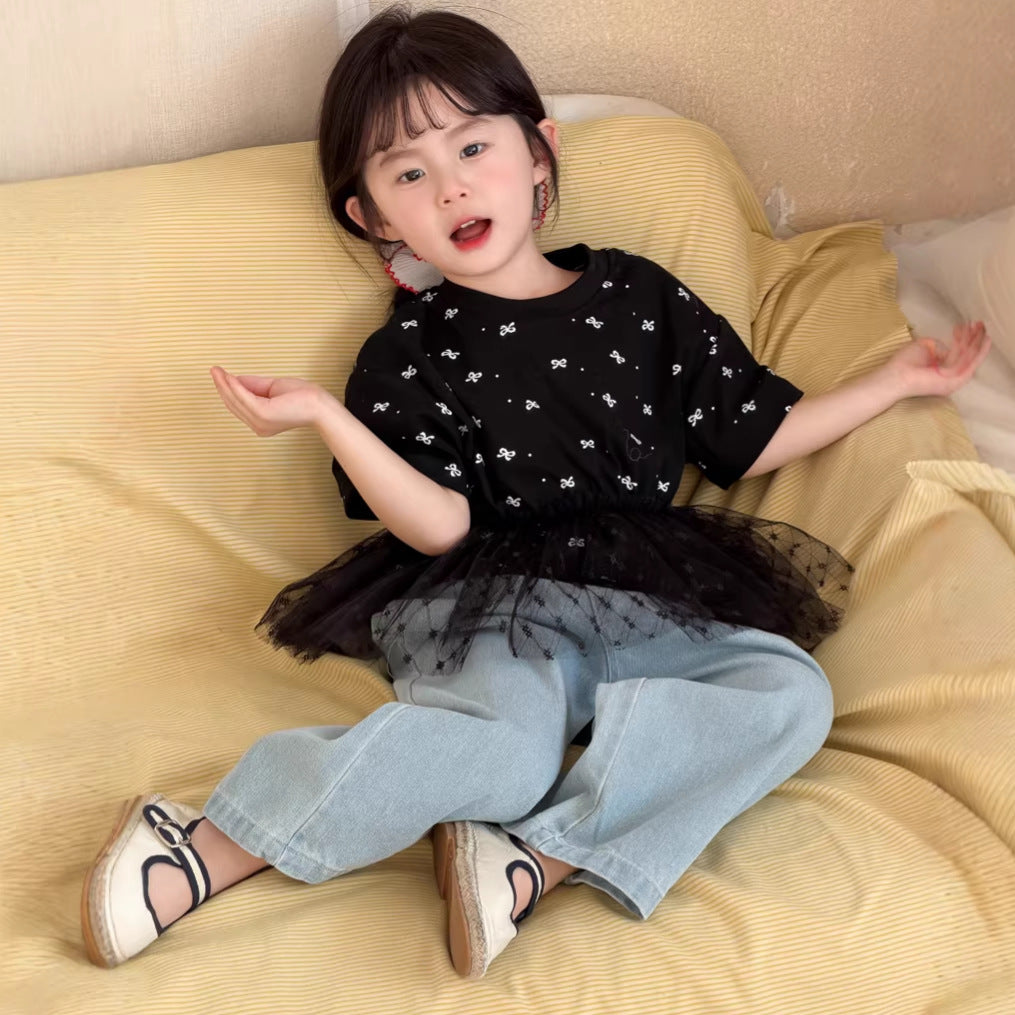 【90-140cm】拼接網紗蝴蝶結T