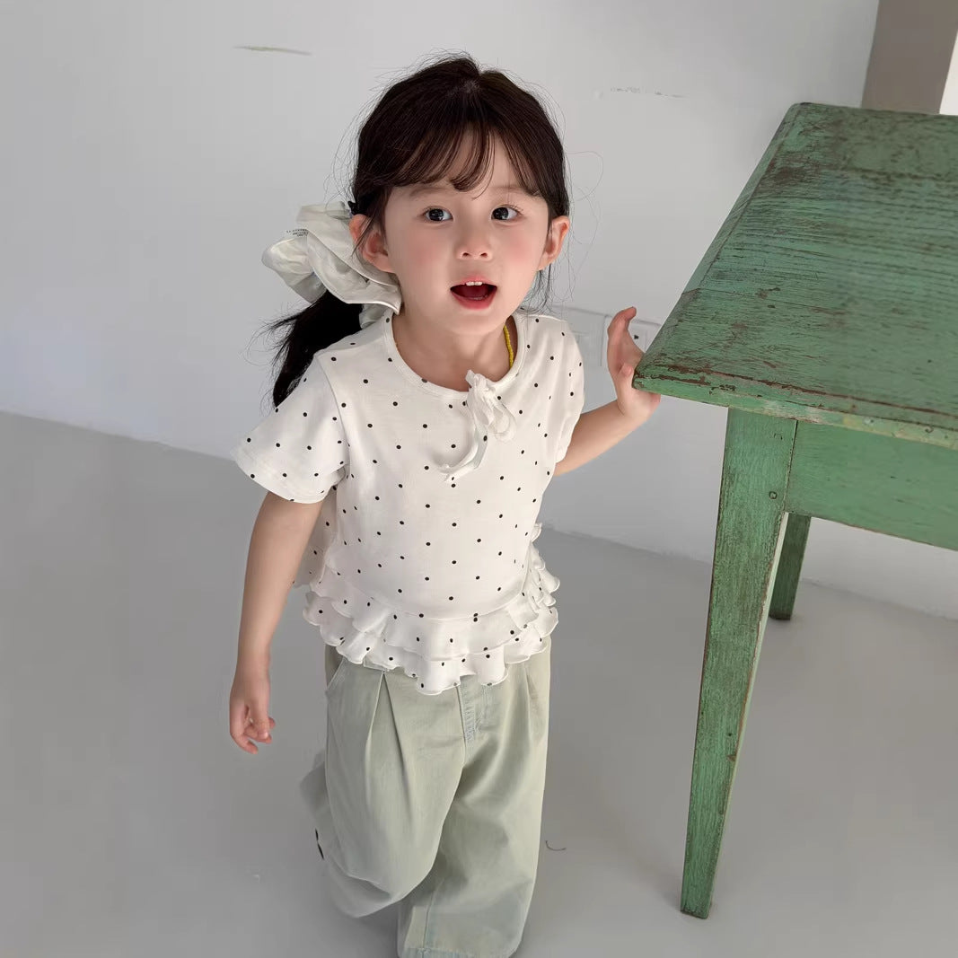 【90-140cm】(2色)韓版波點荷葉邊T
