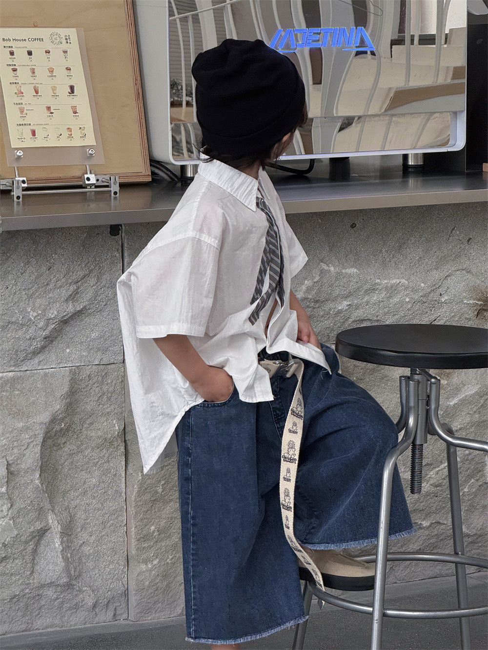 【100-160cm】做舊牛仔闊腿八分褲