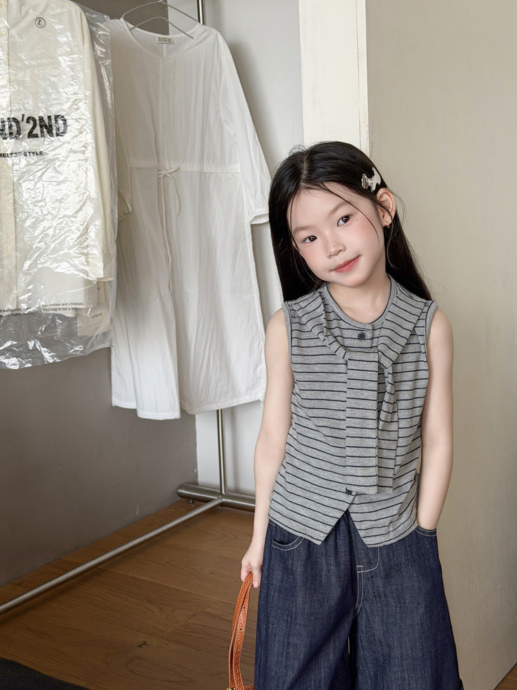 【100-170cm】韓系學院風假兩件披肩條紋背心