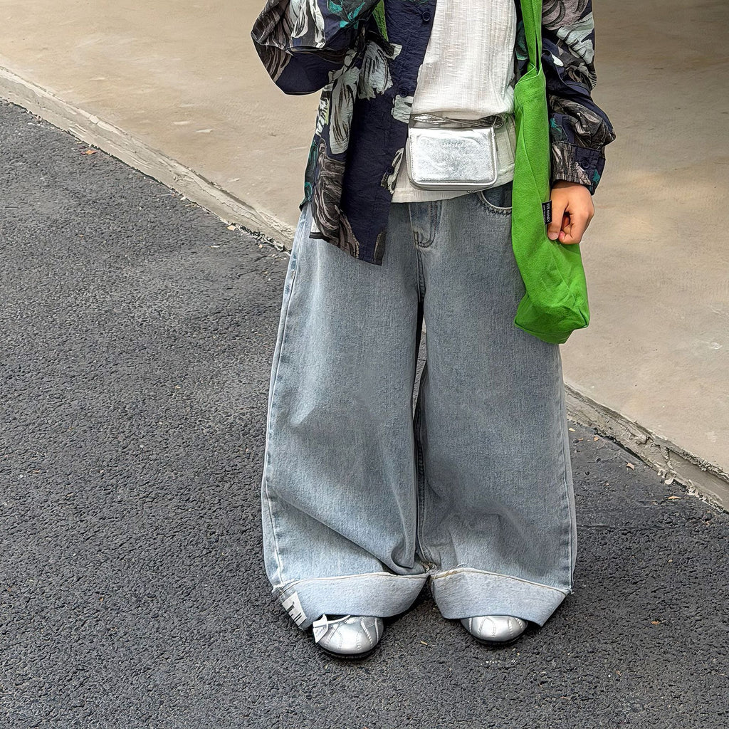 【90-160cm】韓版休閒翻邊水洗軟牛仔褲