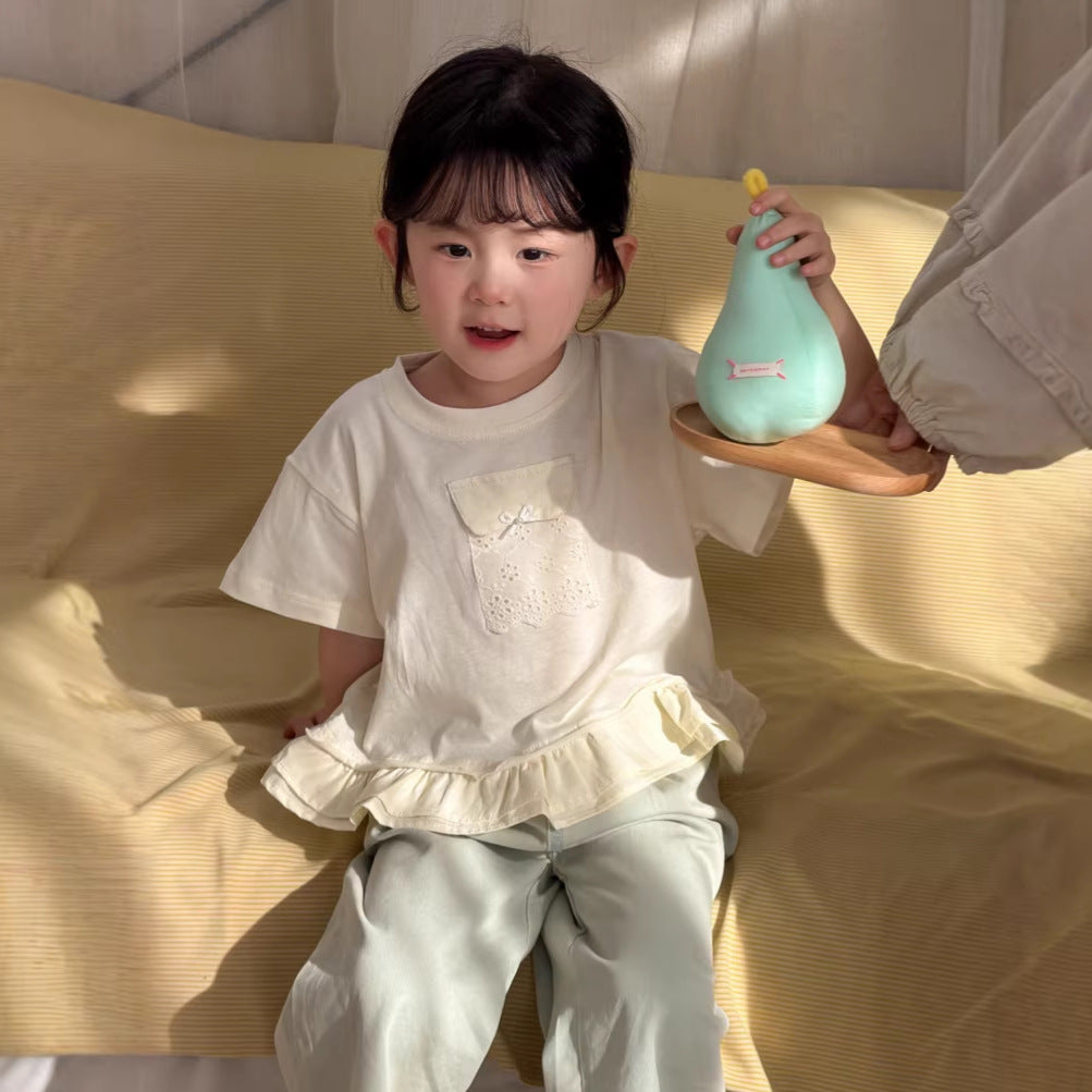 【90-140cm】荷葉邊蕾絲口袋短袖上衣