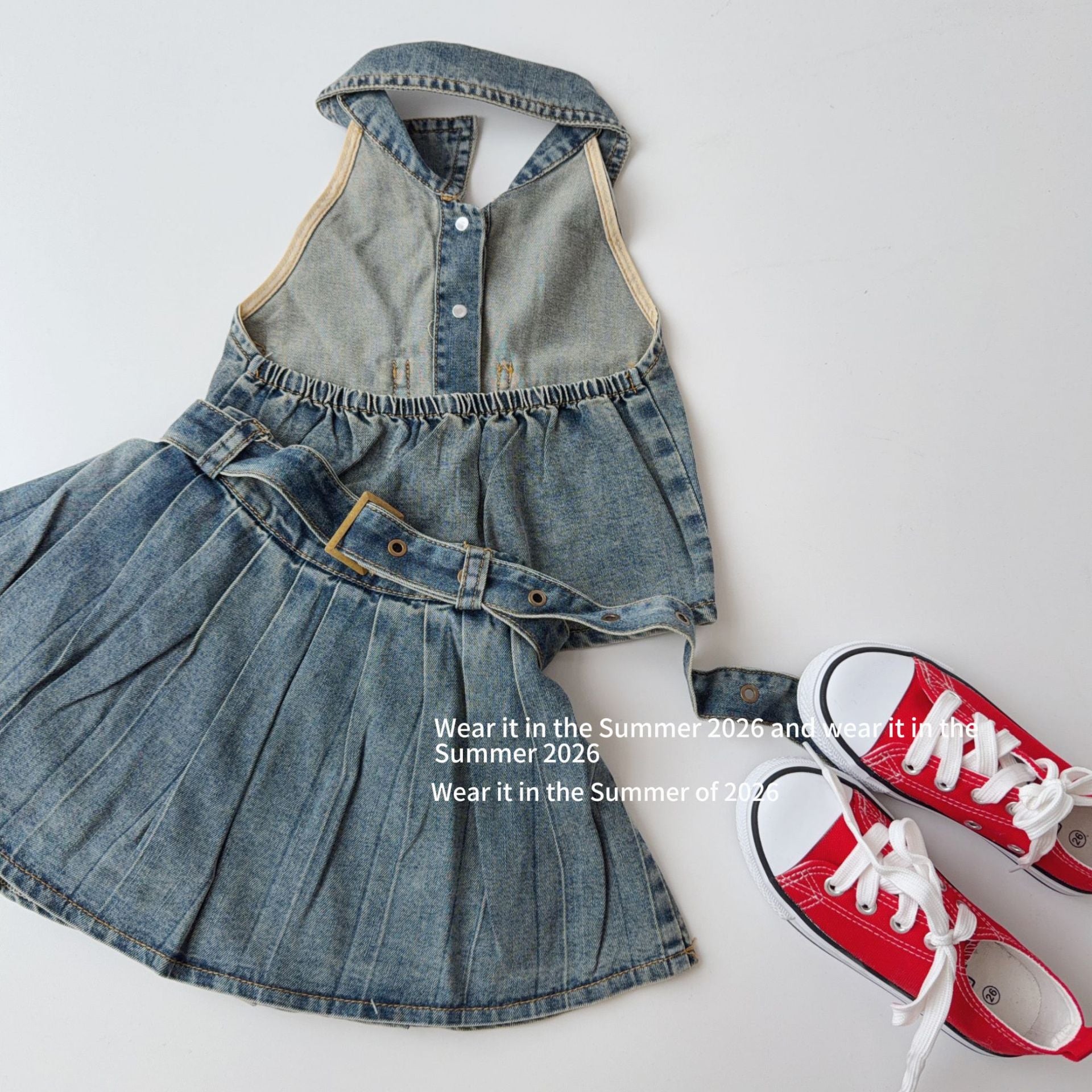 【90-150cm】辣妹露背牛仔百褶裙套裝(附腰帶)