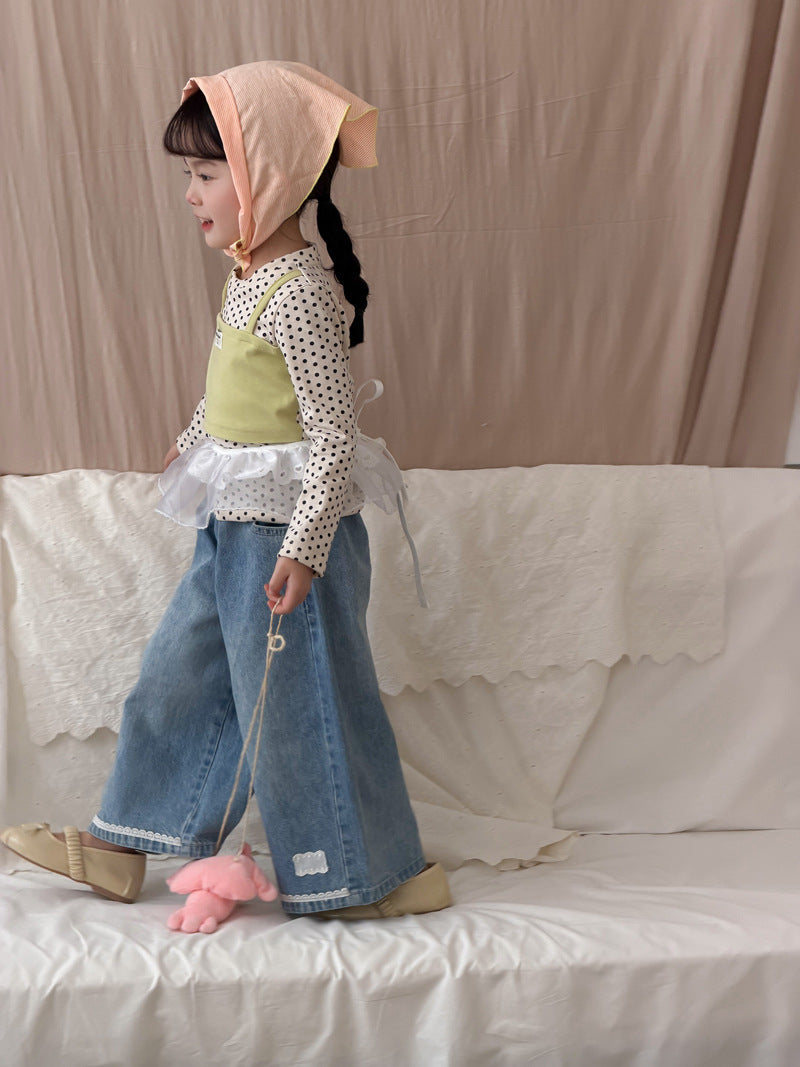 【90-140cm】假兩件長袖圓點吊帶拼色上衣