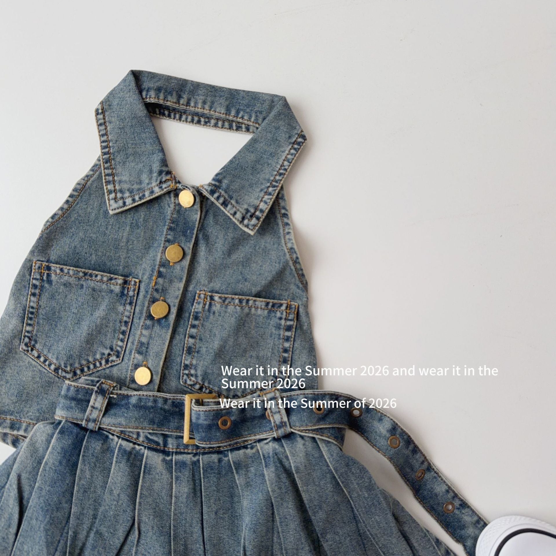 【90-150cm】辣妹露背牛仔百褶裙套裝(附腰帶)