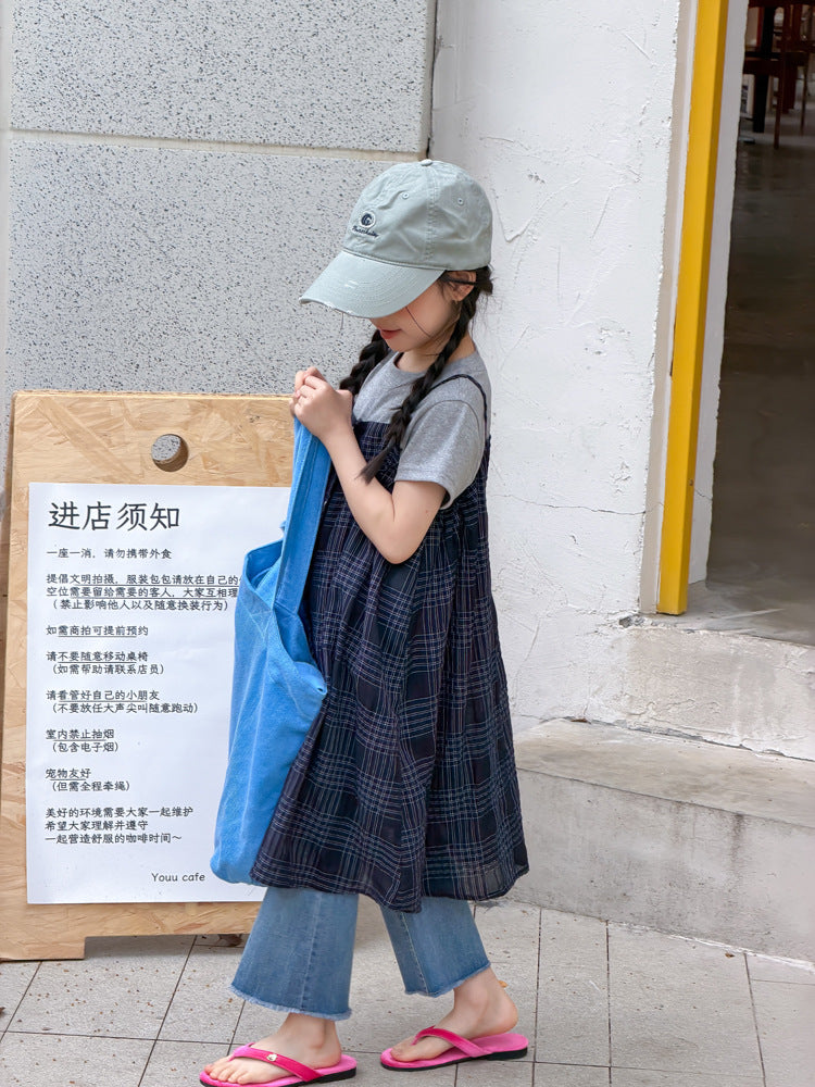 【100-170cm】疊穿休閒格紋連身裙