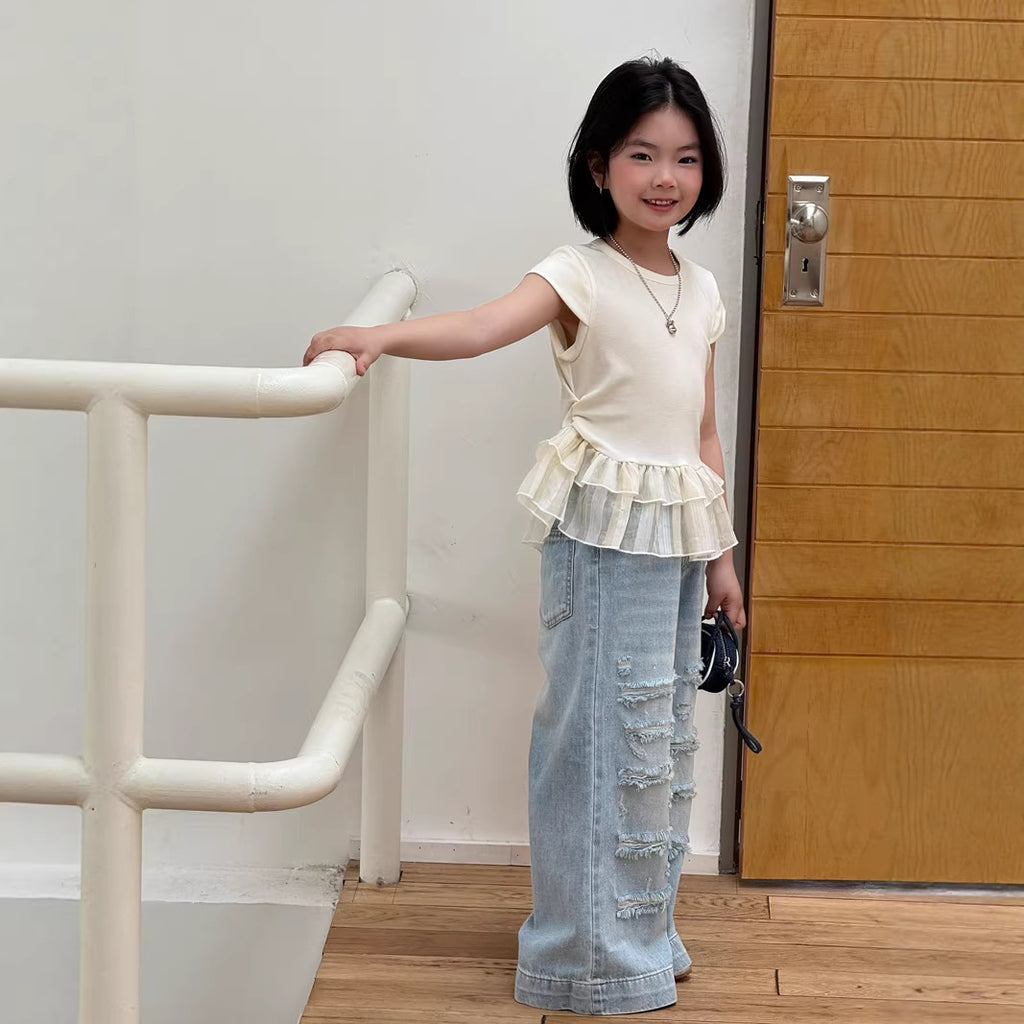 【120-160cm】彈性荷葉邊拼接短袖上衣