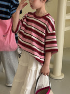 【100-160cm】寬條紋寬鬆圓領上衣