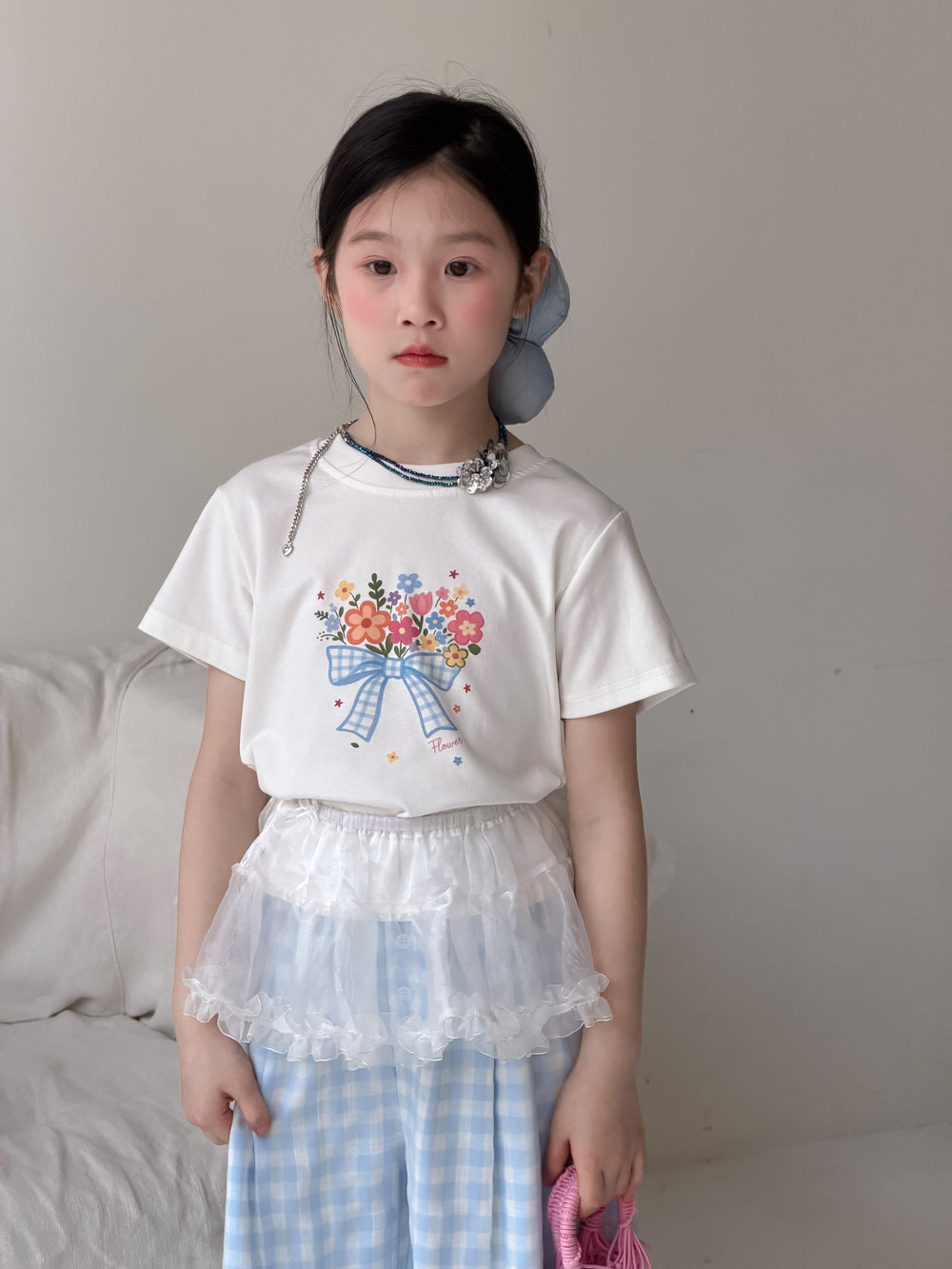 【100-160cm】韓版蝴蝶結花朵短袖